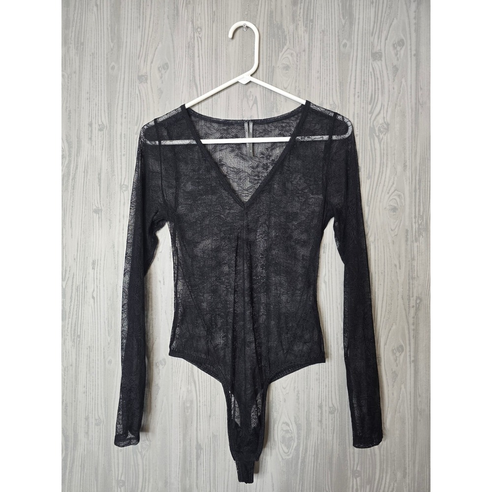 Anthropologie Bodysuit Women M Black Sheer Floral Lace Long Sleeve V-Neck Goth